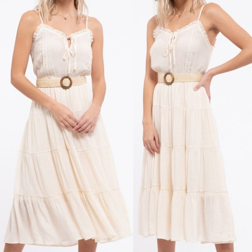 NEW Ivory Stone Boho Tiered Ruffle Trim Midi Dress - Picture 5 of 11